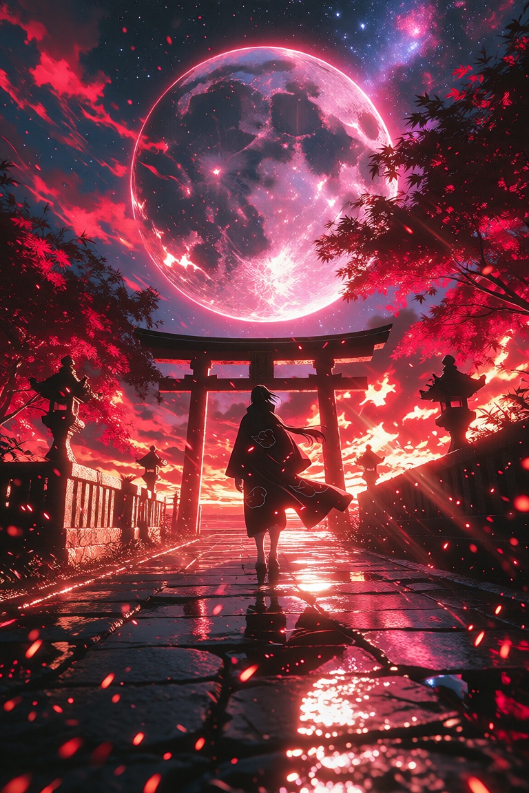 Low-angle,  wide cinematic back-view shot of Itachi Uchiha standing alone at the center of a cracked stone shrine pathway,...