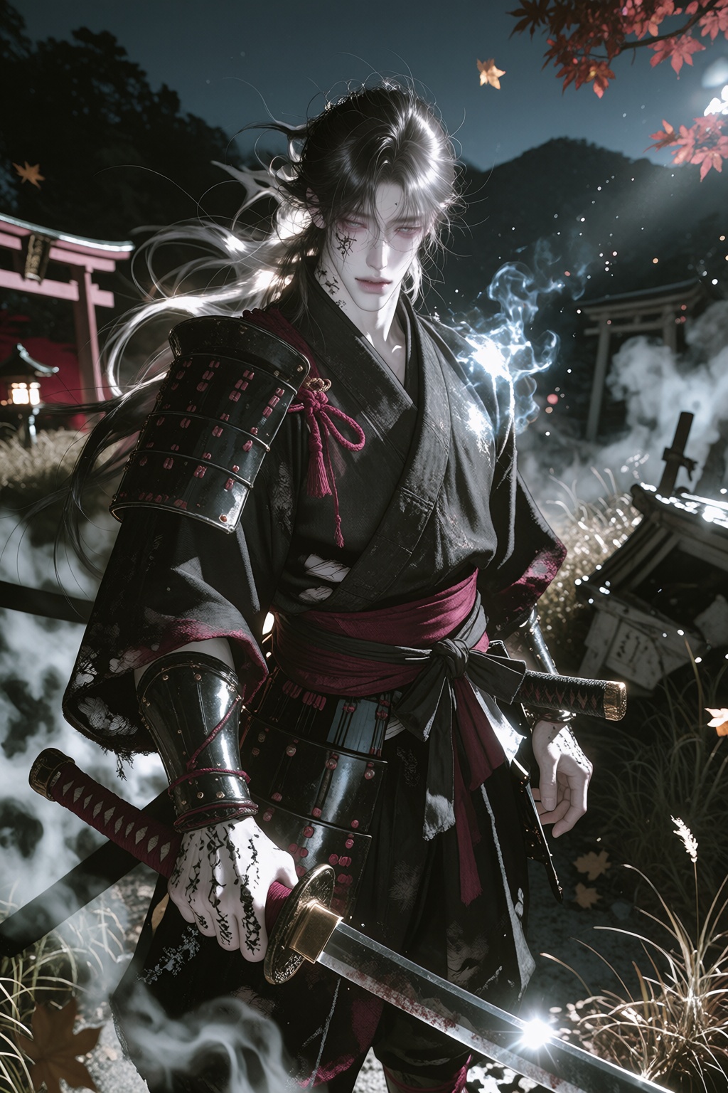 character: ))),  tall athletic masculine physique,  undead Japanese samurai spirit on Tensor.Art
