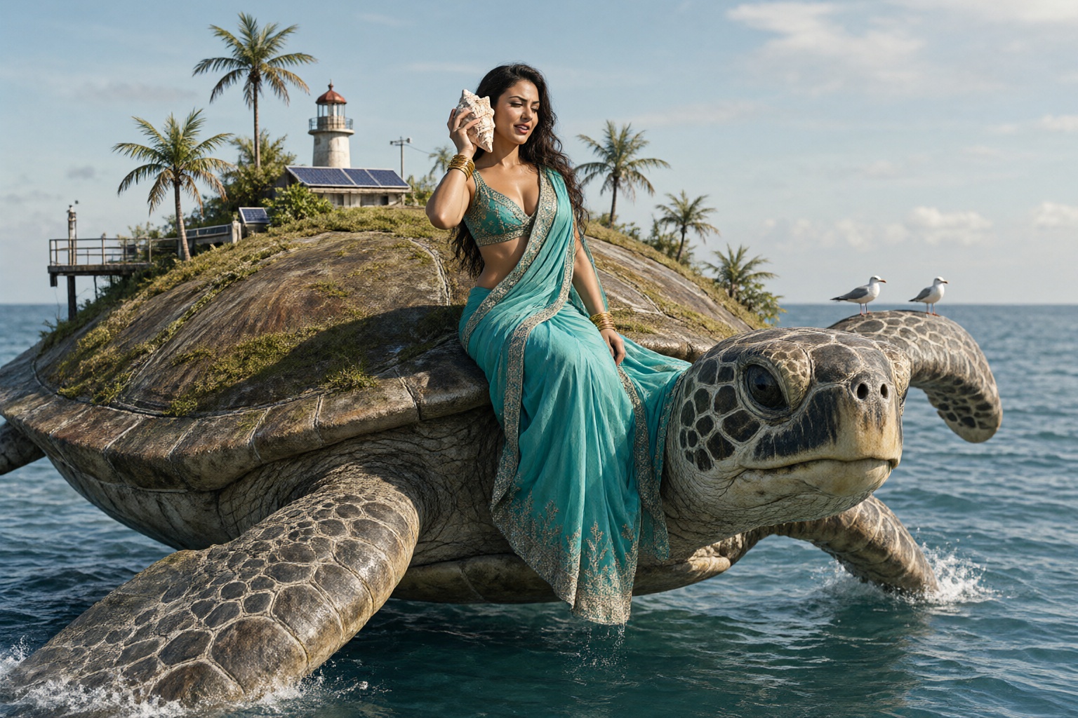 A hyper-realistic scene of a floating artificial island shaped like a giant sea turtle,  made of concrete and steel,  with...