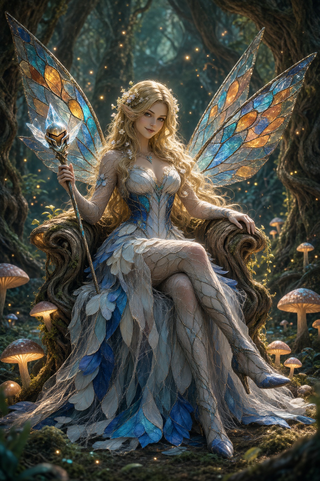 A medium shot of Samus Aran as a fairy queen sitting on a throne made of twisted roots and glowing mushrooms. She wears a...