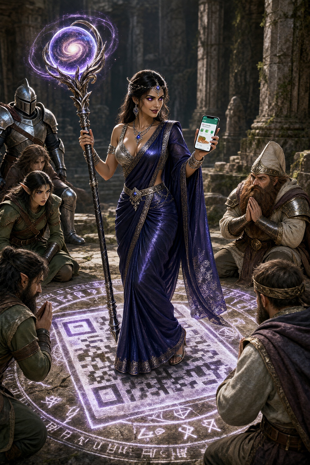 A beautiful sultry Hindu woman wearing a form-fitting midnight-blue silk sari and a deep-cut silver-embroidered blouse,  f...
