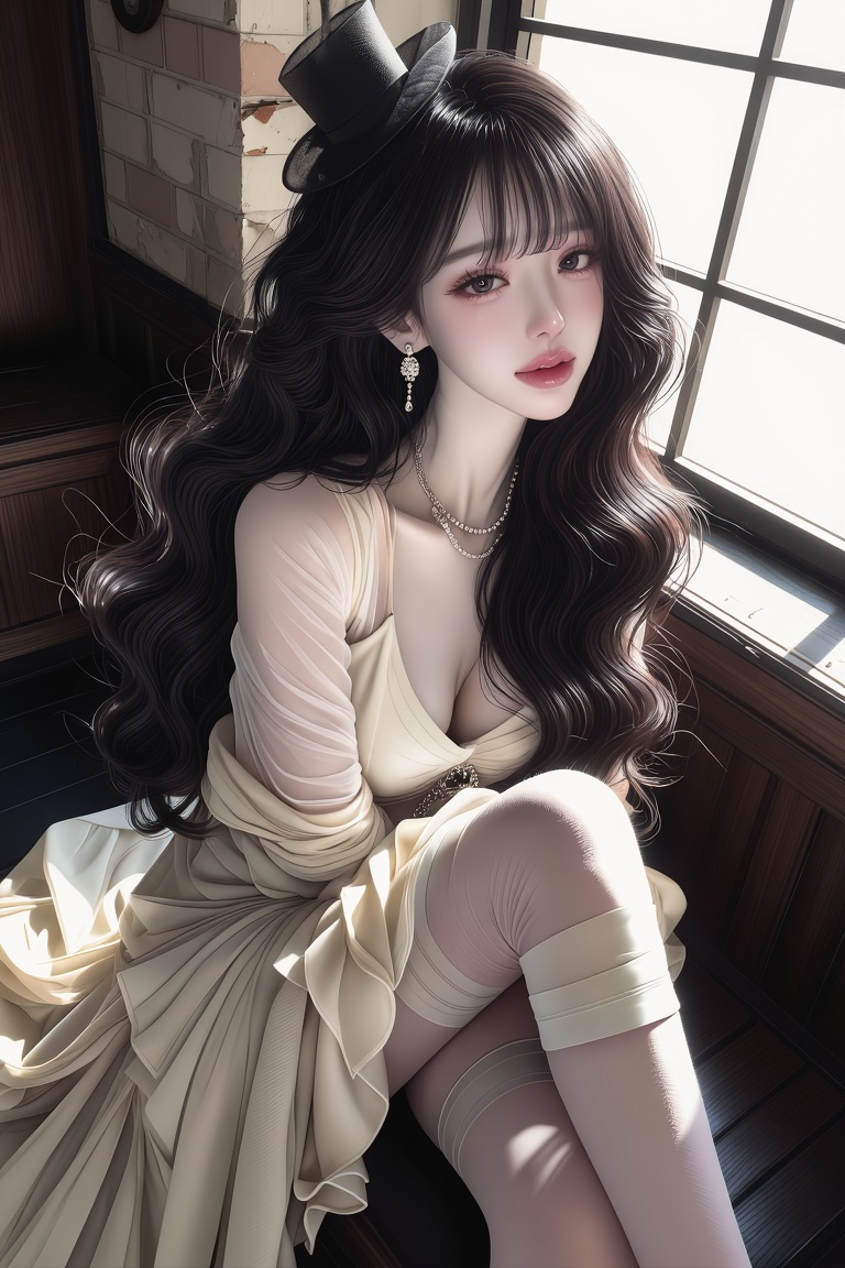 Full-body portrait of a young pale skin woman. Angle: High-angle shot. Pose: Sitting on a deep window sill with legs exten...