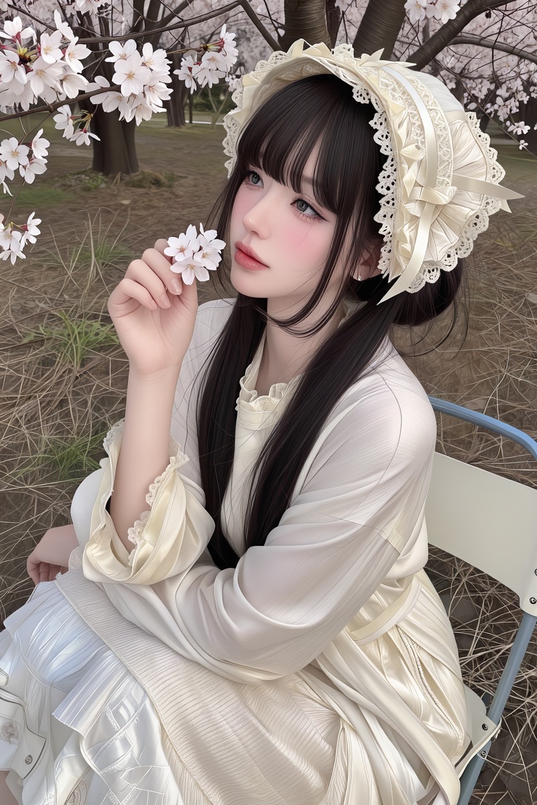 Medium portrait of a young woman. Angle: High-angle shot. Pose: Sitting in a folding chair,  holding a sprig of cherry blo...