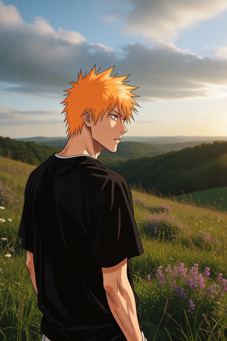 A square mixed-media image fusing a full-color manga character cutout of Ichigo Kurosaki from Bleach with a photorealistic...