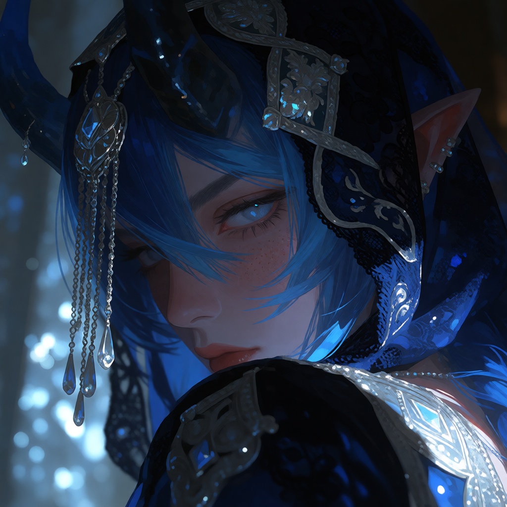 A stylized digital painting depicts an intimate close-up of a character with vibrant blue hair,  striking icy-blue eyes,...