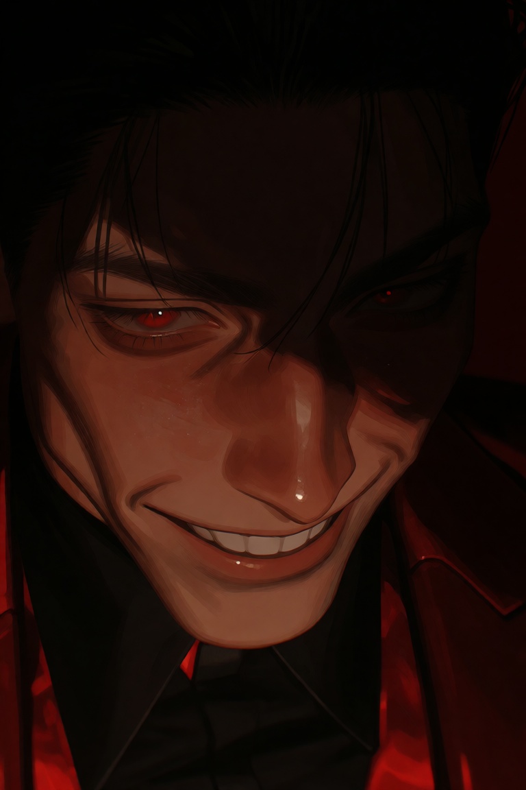 A digital portrait depicts a man in a close-up dramatic shot characterized by heavy shadows and a predominantly red and bl...