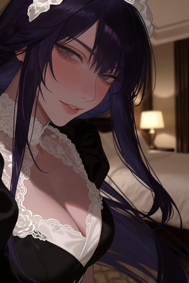 A close-up digital illustration portrays a woman with long dark purple hair and sharp expressive eyes looking down towards...