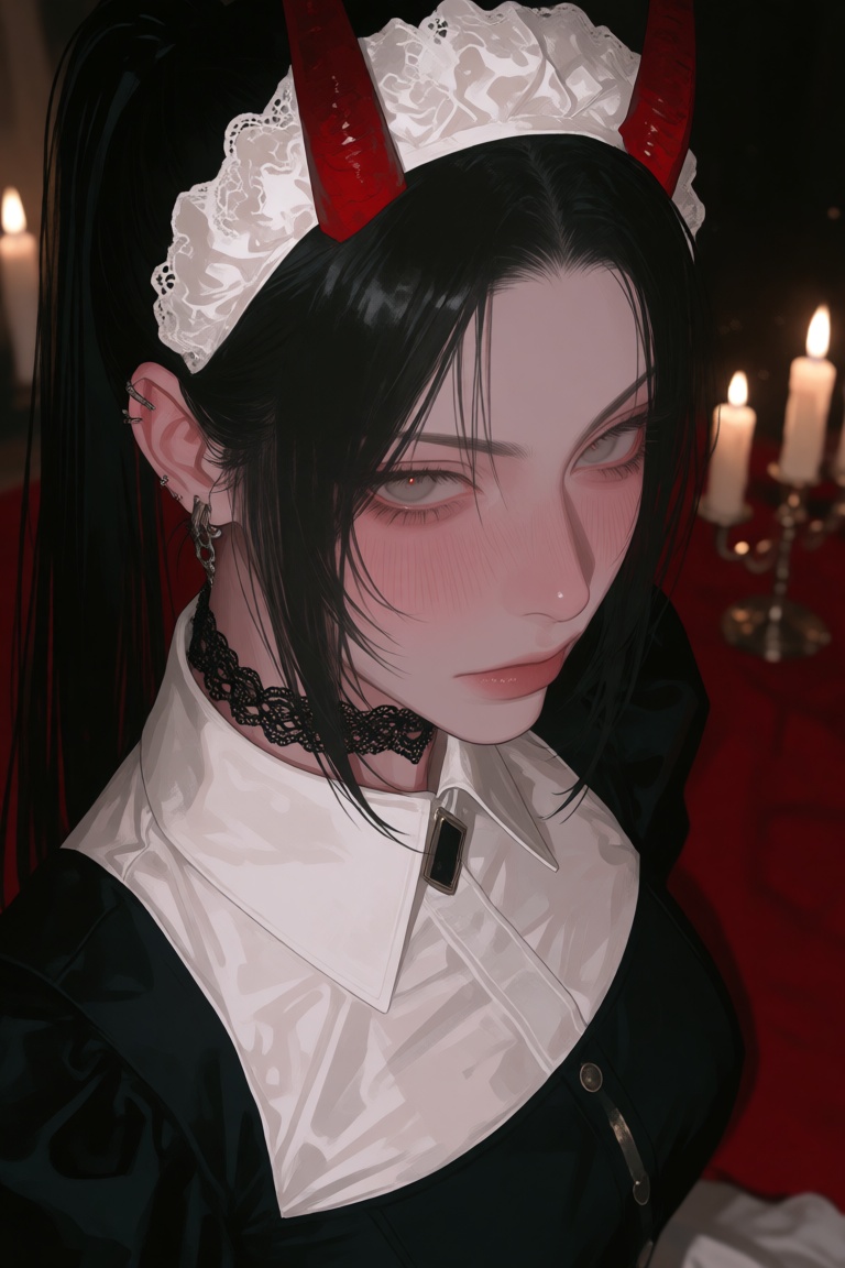 This high-quality digital illustration features a striking close-up portrait of a woman dressed in a stylized gothic maid...