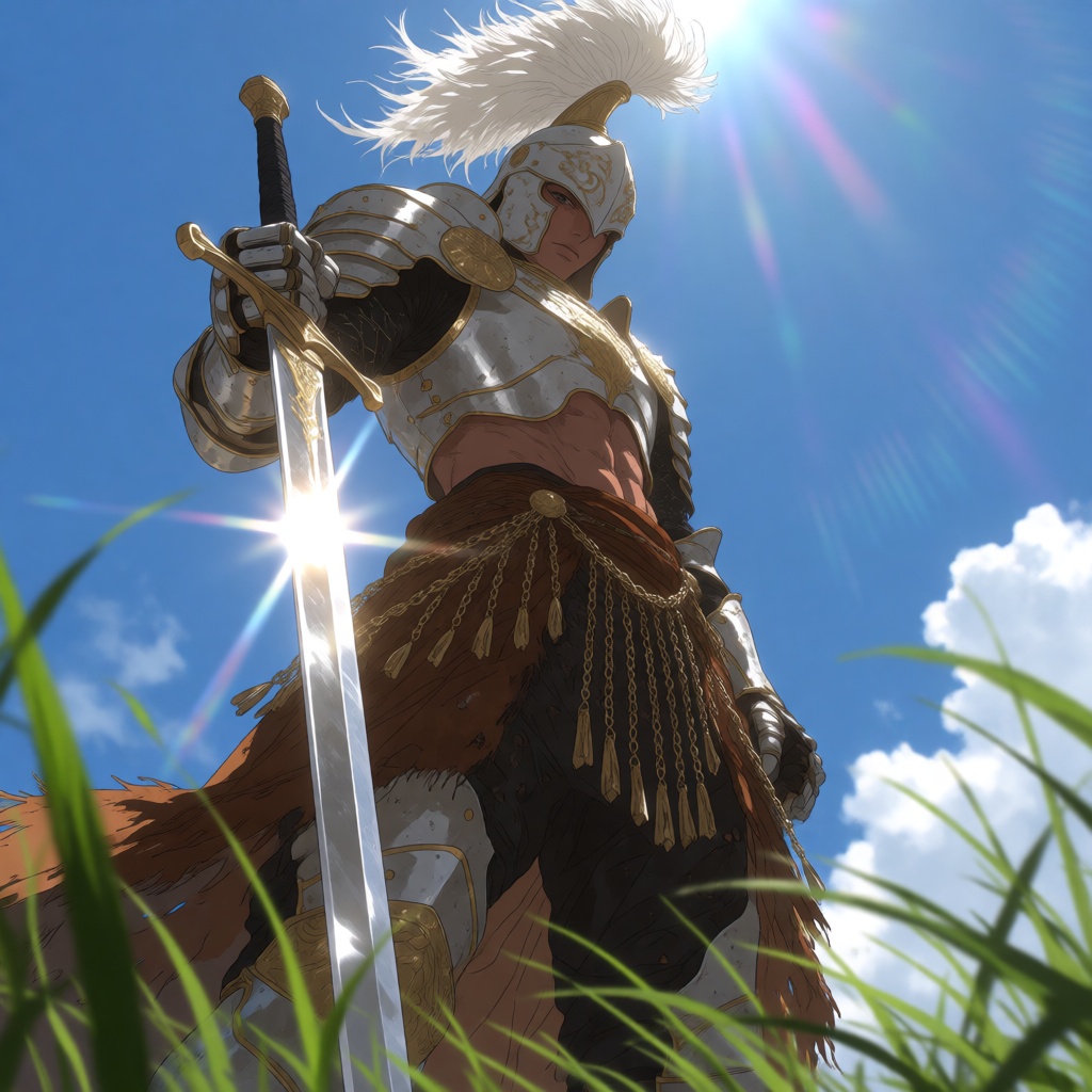 An anime-style illustration features a warrior standing in a low-angle perspective against a bright sunny blue sky. The ce...