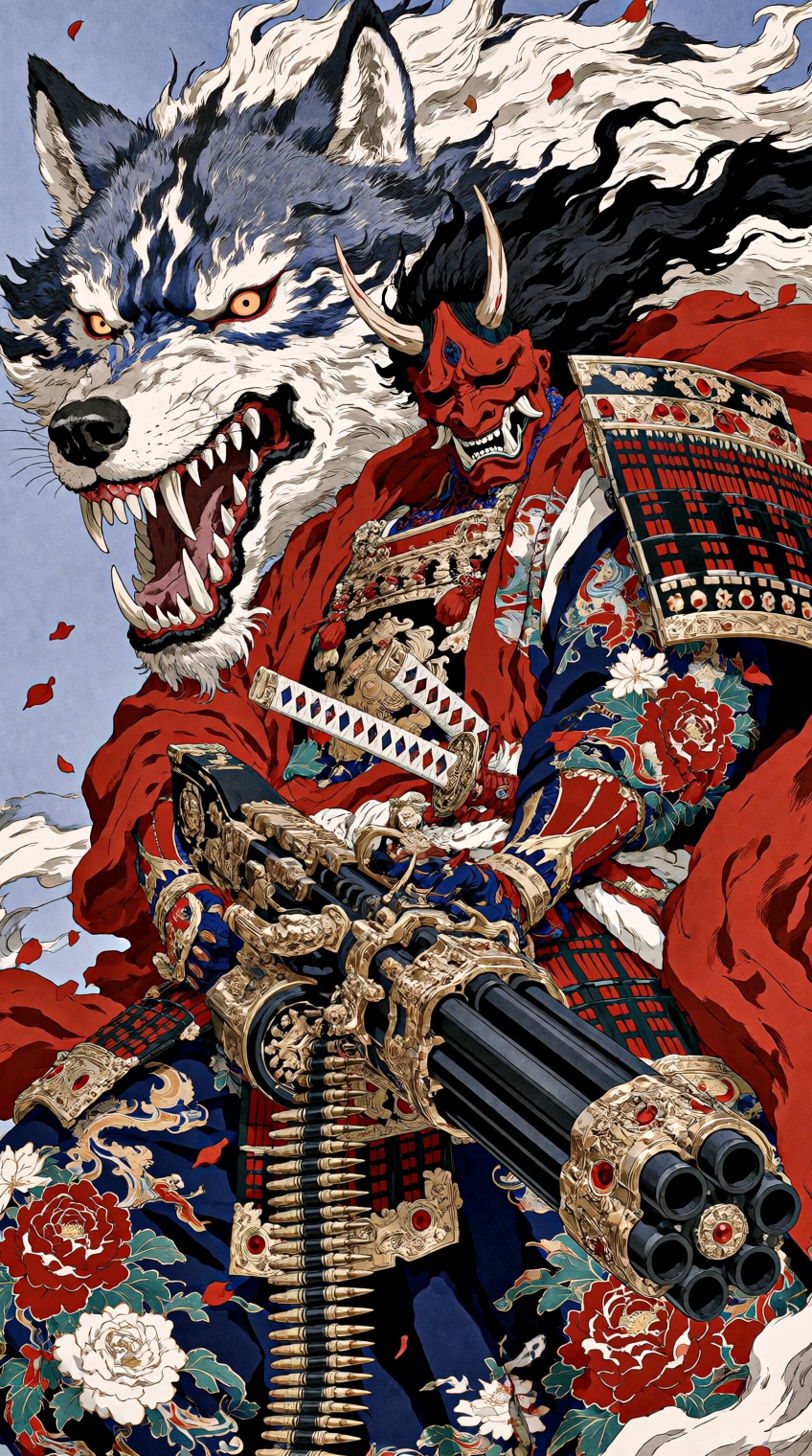 @houseofuday_,  A fierce samurai clad in ornate red,  blue on Tensor.Art