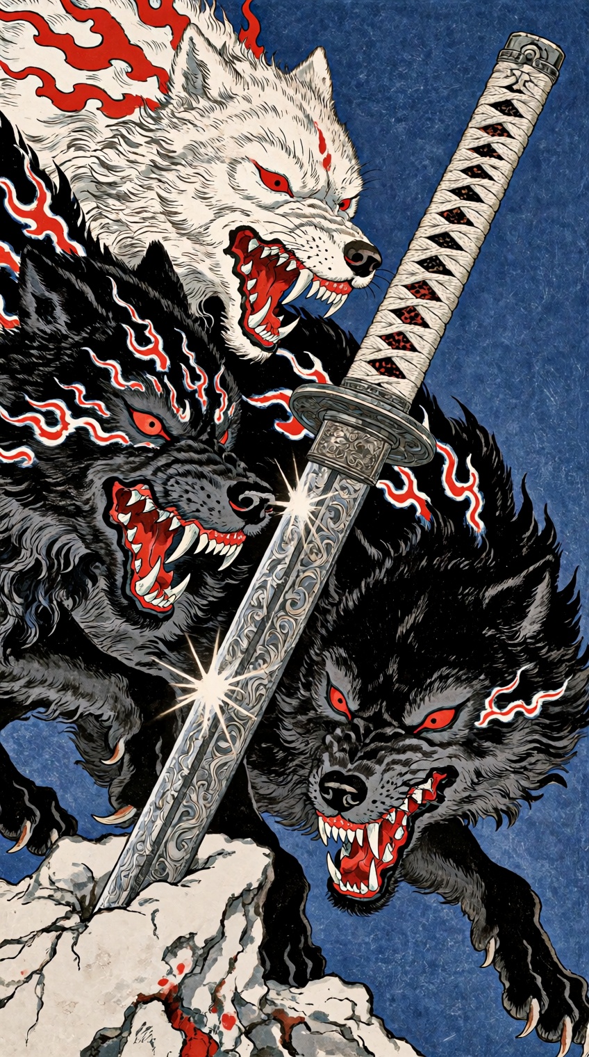 @houseofuday_,  A vertical illustration rendered in a traditional Japanese woodblock or tattoo-flash style,  set against a...