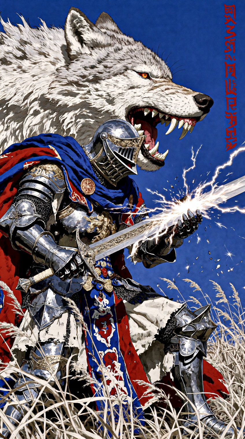 @houseofuday_,  A dynamic combat scene featuring a knight clad in ornate,  polished silver and gold-filigree full plate ar...