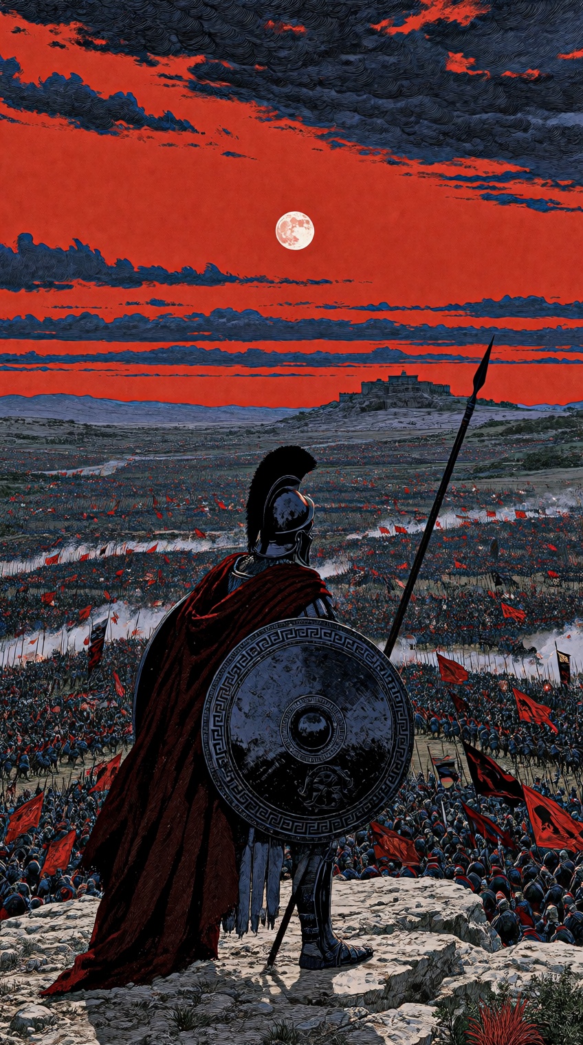 @houseofuday_,  A lone warrior stands with his back to the viewer on a rocky hilltop,  gazing over a vast battlefield. He...