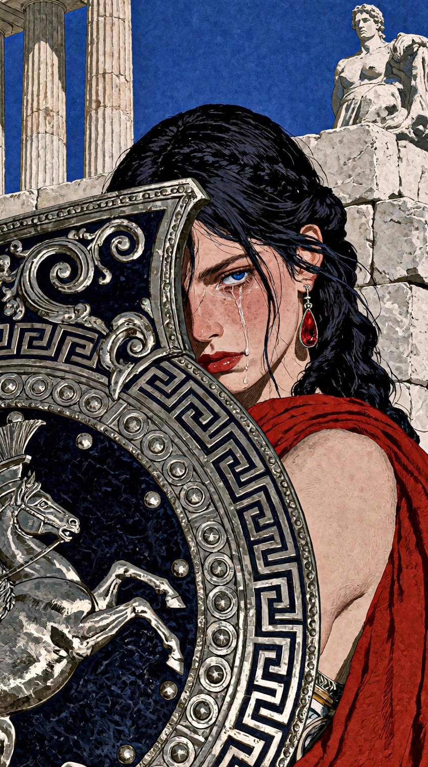 @houseofuday_,  A tear-streaked woman with flowing black hair and piercing blue eyes peers out from behind an ornate shiel...