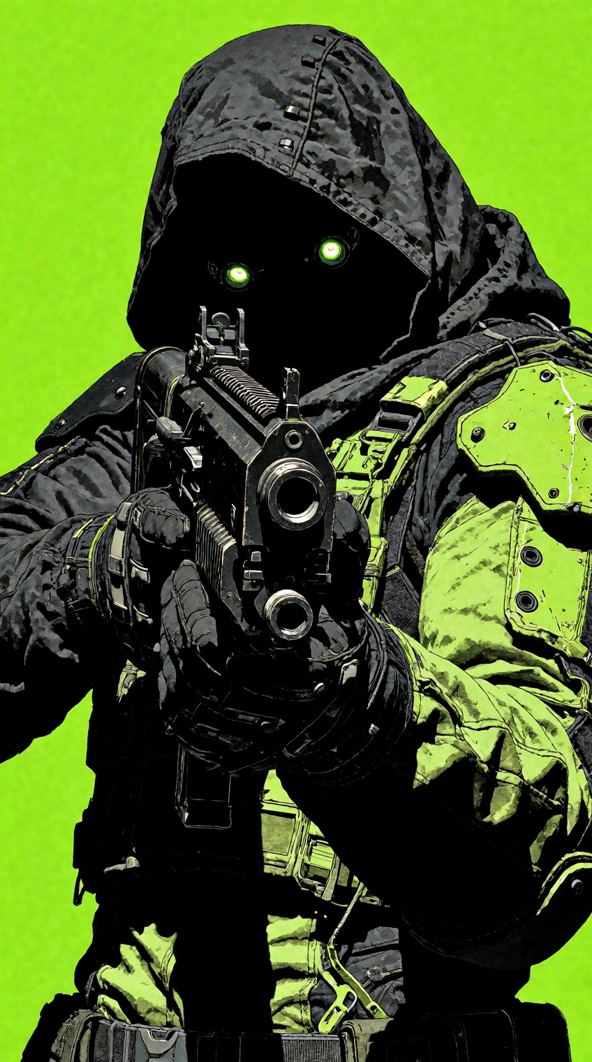 @houseofuday_,  Extreme dynamic foreshortening of a futuristic cybernetic operative aiming a heavy firearm directly at the...