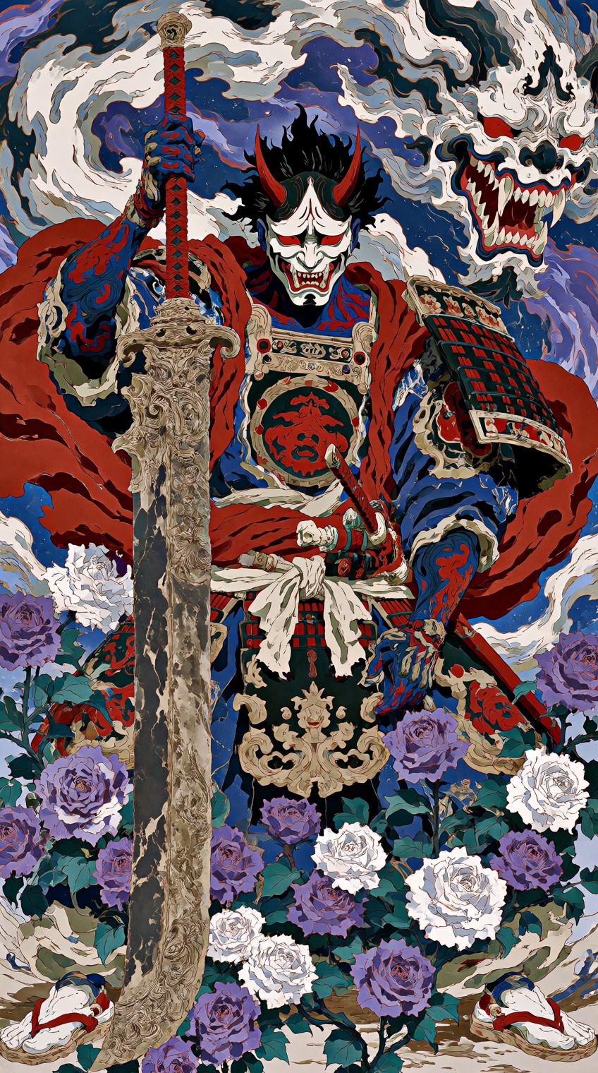 @houseofuday_,  a fierce samurai with a demonic mask wields a massive,  ornate sword on Tensor.Art