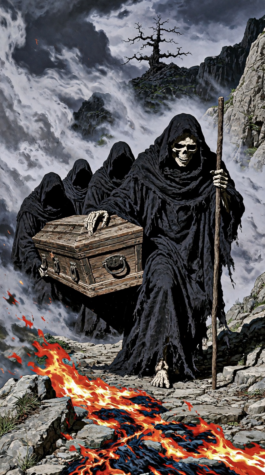 @houseofuday_,  Four sinister skeletal figures draped in tattered,  frayed black hooded shrouds carrying an antique weathe...