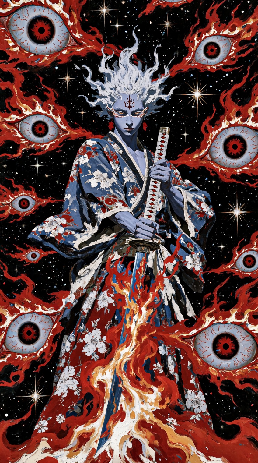 @houseofuday_,  A pale blue-skinned figure with wild,  upward-spiking white hair and glowing eyes stands at the center on...
