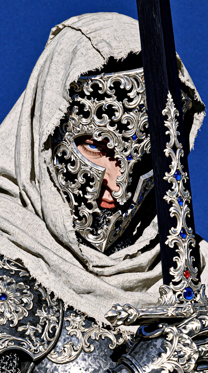 @houseofuday_,  A hooded figure in a textured white robe dominates the composition,  their face concealed by an elaborate...