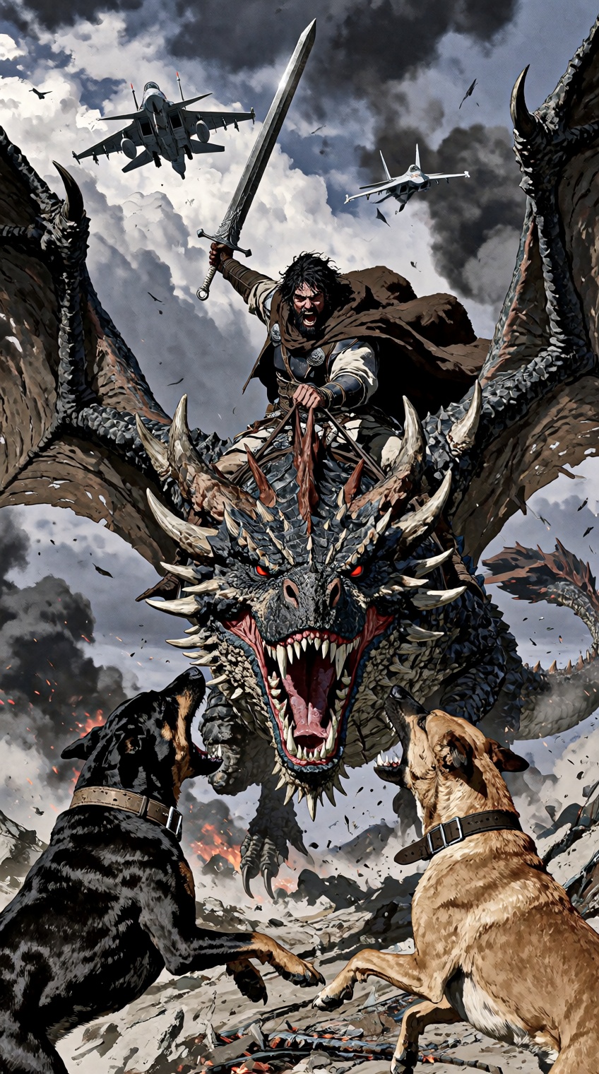 @houseofuday_,  A chaotic battlefield scene where a ferocious,  roaring male warrior with disheveled dark hair and a weath...
