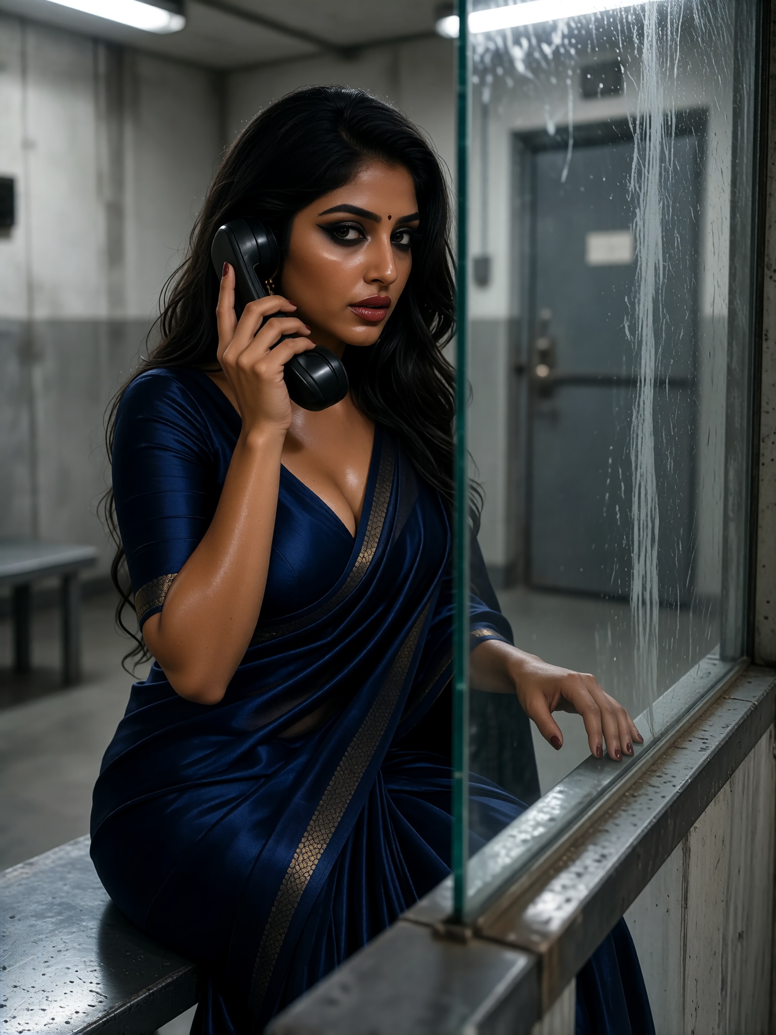 A photorealistic scene inside a sterile,  gray prison visitation room. A beautiful,  sultry Hindu woman sits on a cold met...
