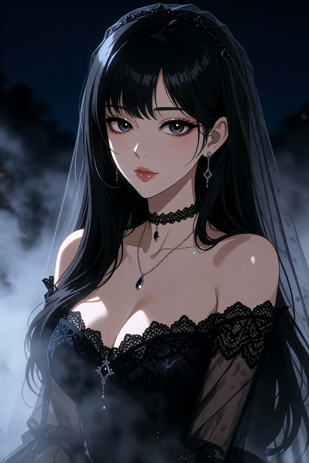 A Korean woman with long,  silky black hair and soft bangs sits in a dimly lit night atmosphere,  her expression calm with...