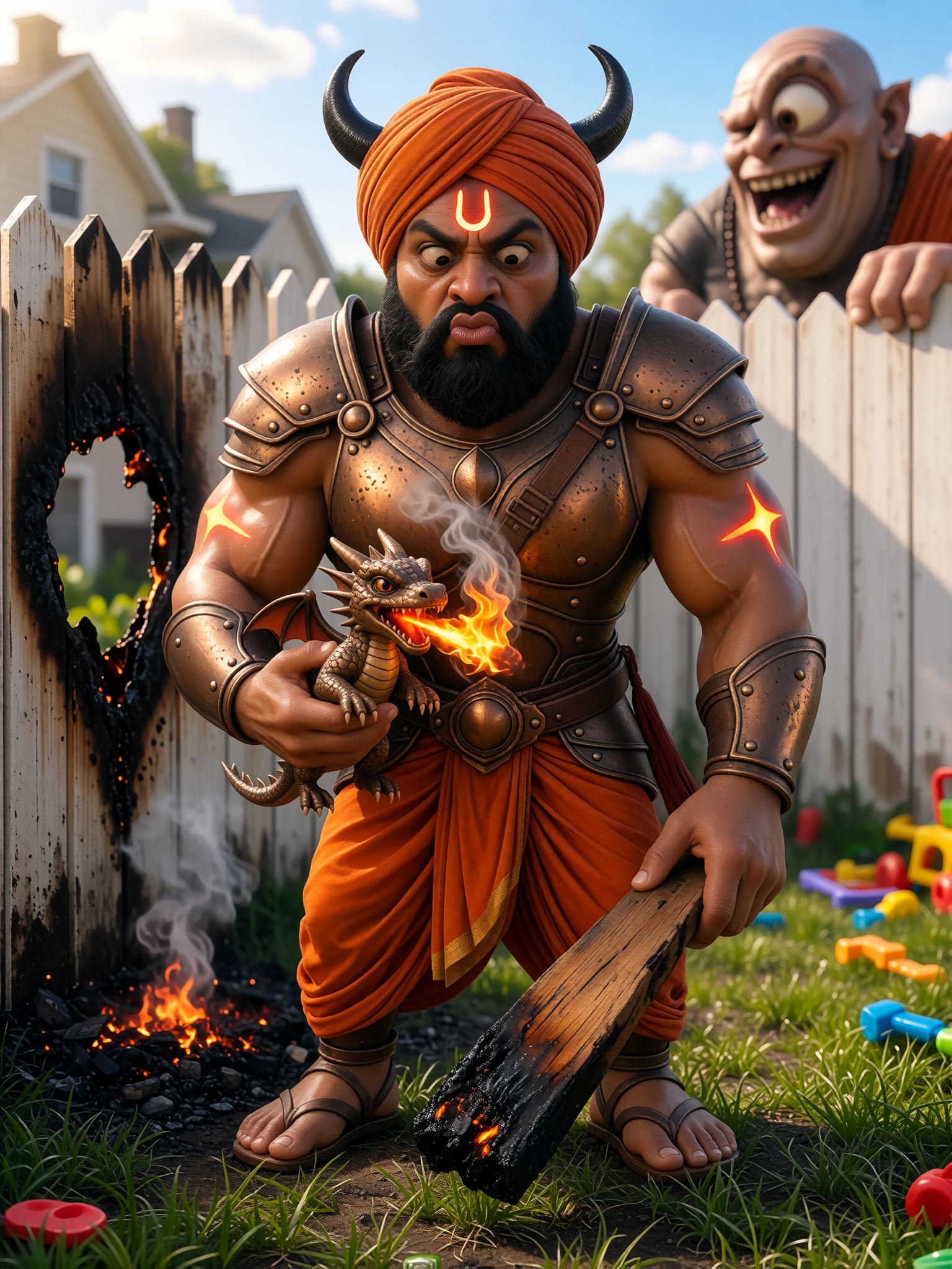 A hyper-realistic shot of a muscular Hindu Asura warrior in a cozy monster suburb,  dealing with a funny everyday conflict...