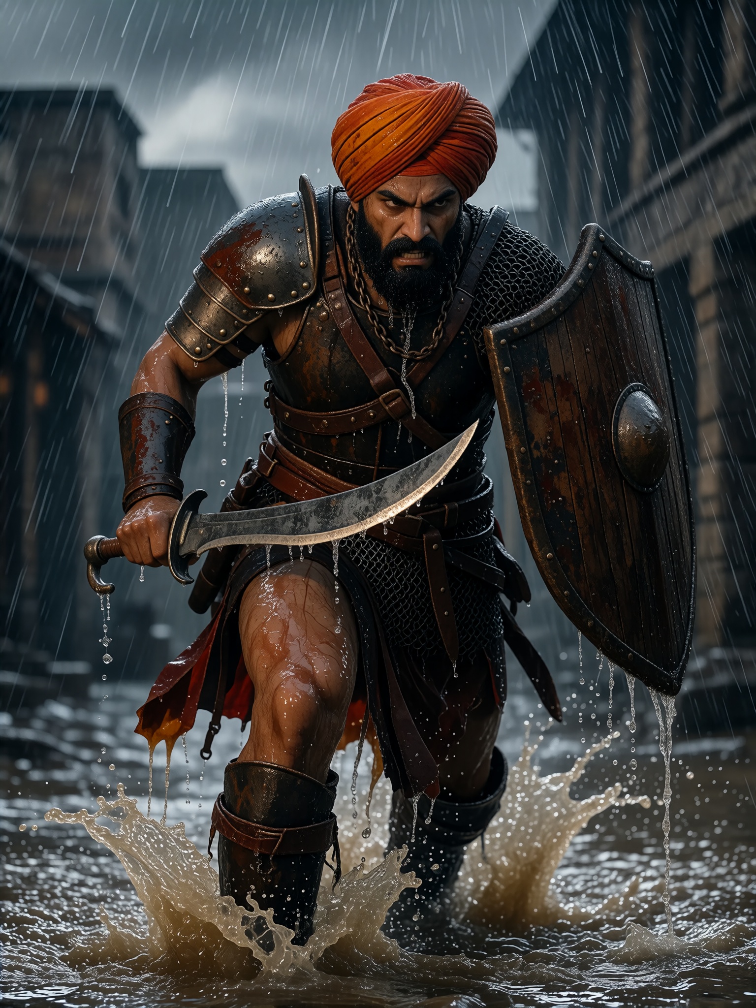 A hyper-realistic cinematic shot of a fierce Hindu warrior hurrying through a flooded,  rain-swept street during a torrent...