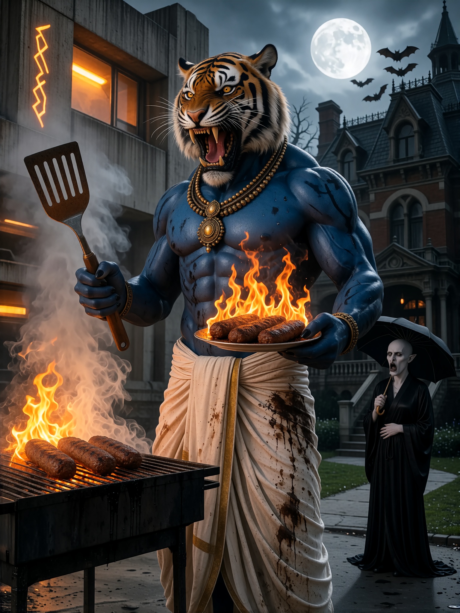 A towering rakshasa warrior with deep blue skin,  a fearsome,  snarling tiger's face on Tensor.Art