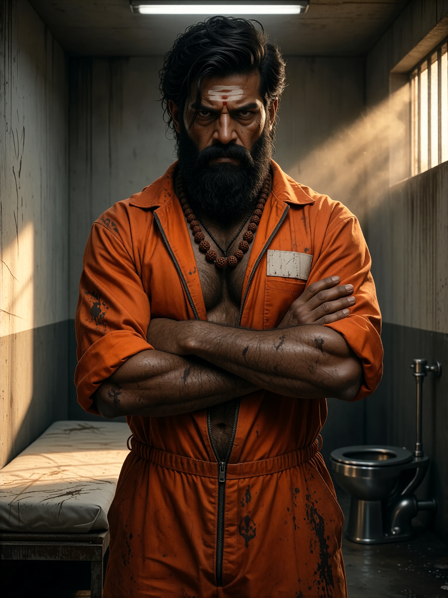 A hyper-realistic shot of a rugged Hindu warrior imprisoned in a stark,  modern detention center cell. He is facing direct...