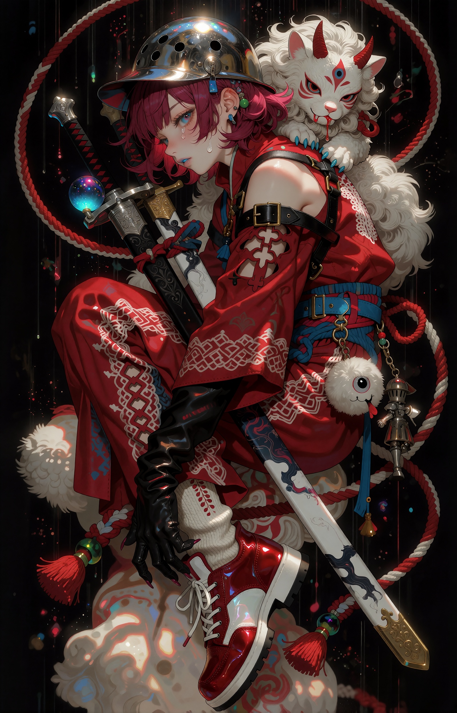 A pale-skinned anime youth with vivid crimson-magenta hair floats in a crouched,  knees-drawn pose against a void-black ba...