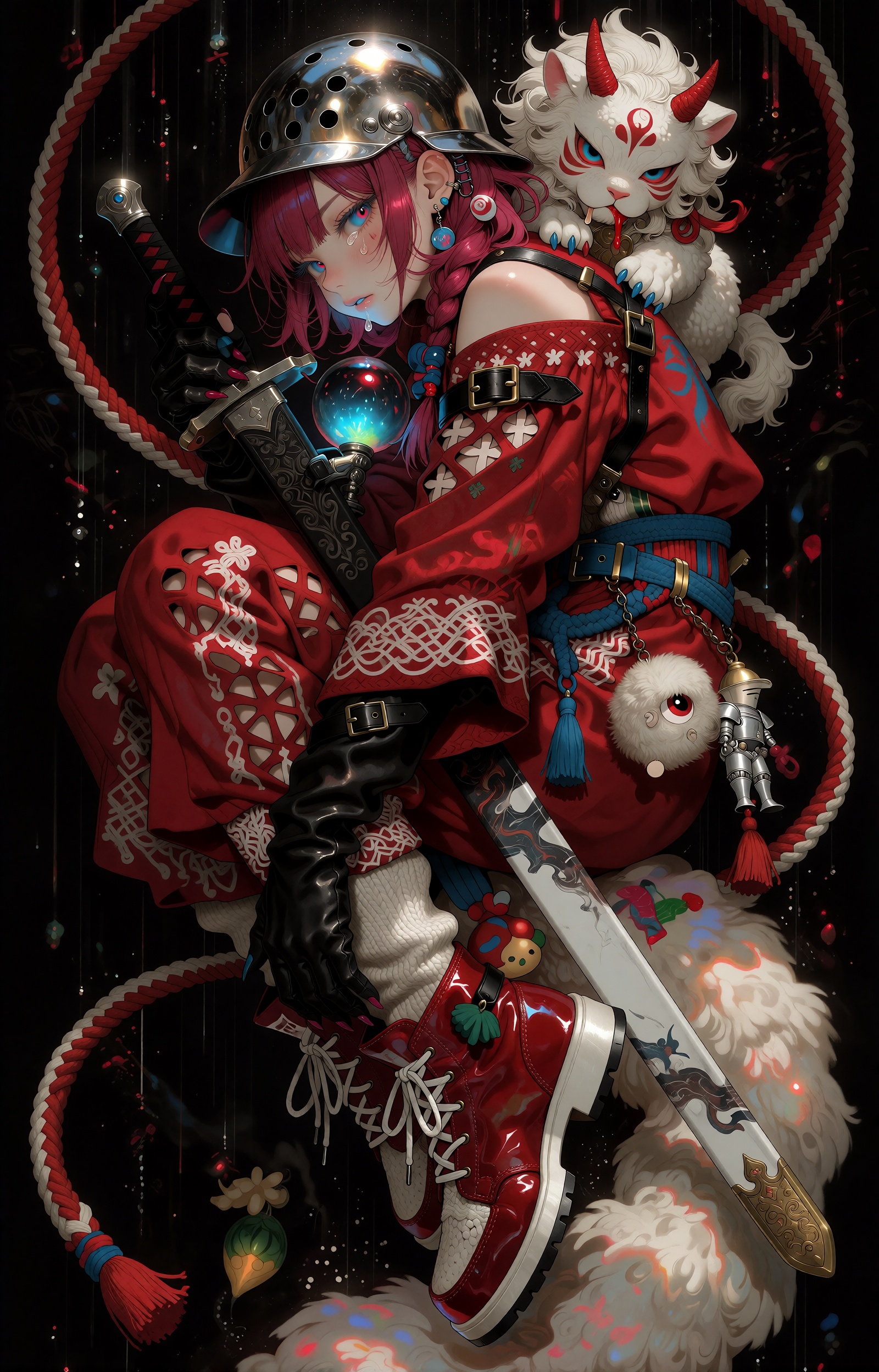 A pale-skinned anime youth with vivid crimson-magenta hair floats in a crouched,  knees-drawn pose against a void-black ba...