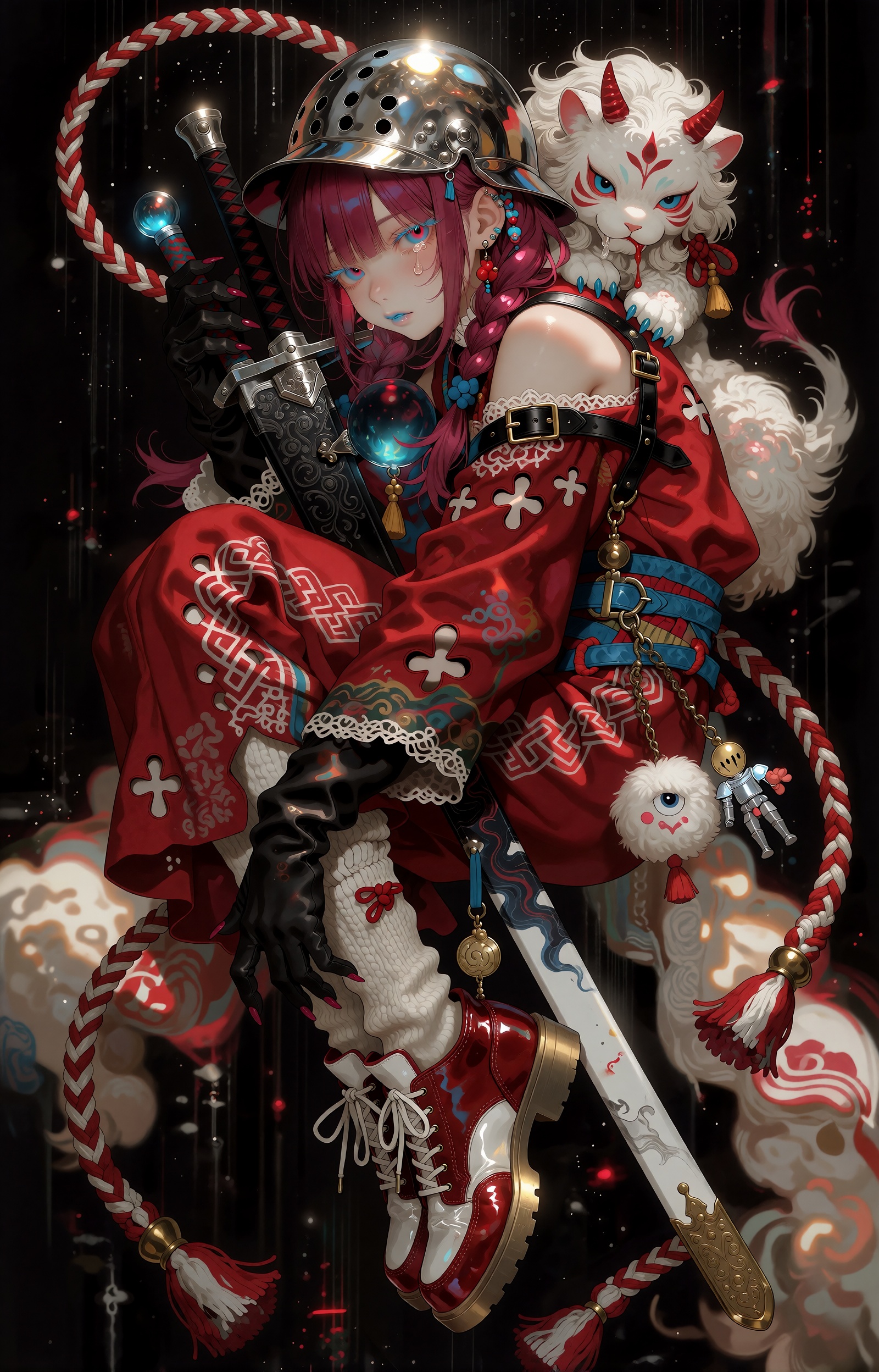 A pale-skinned anime youth with vivid crimson-magenta hair floats in a crouched,  knees-drawn pose against a void-black ba...
