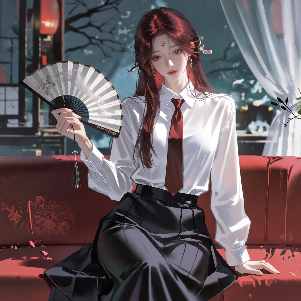 A Chinese female student wearing a conservative school uniform: a white long-sleeve shirt,  dark red necktie,  black A-lin...