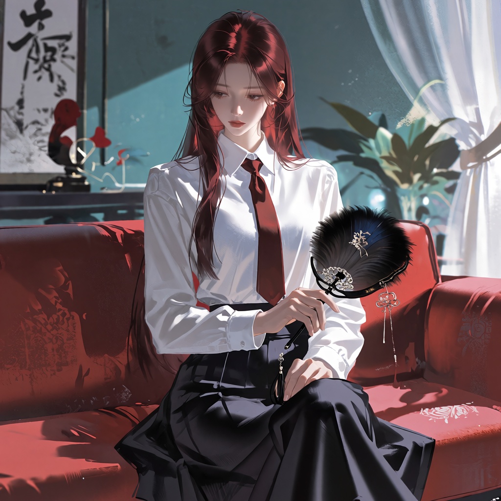 A Chinese female student wearing a conservative school uniform: a white long-sleeve shirt,  dark red necktie,  black A-lin...
