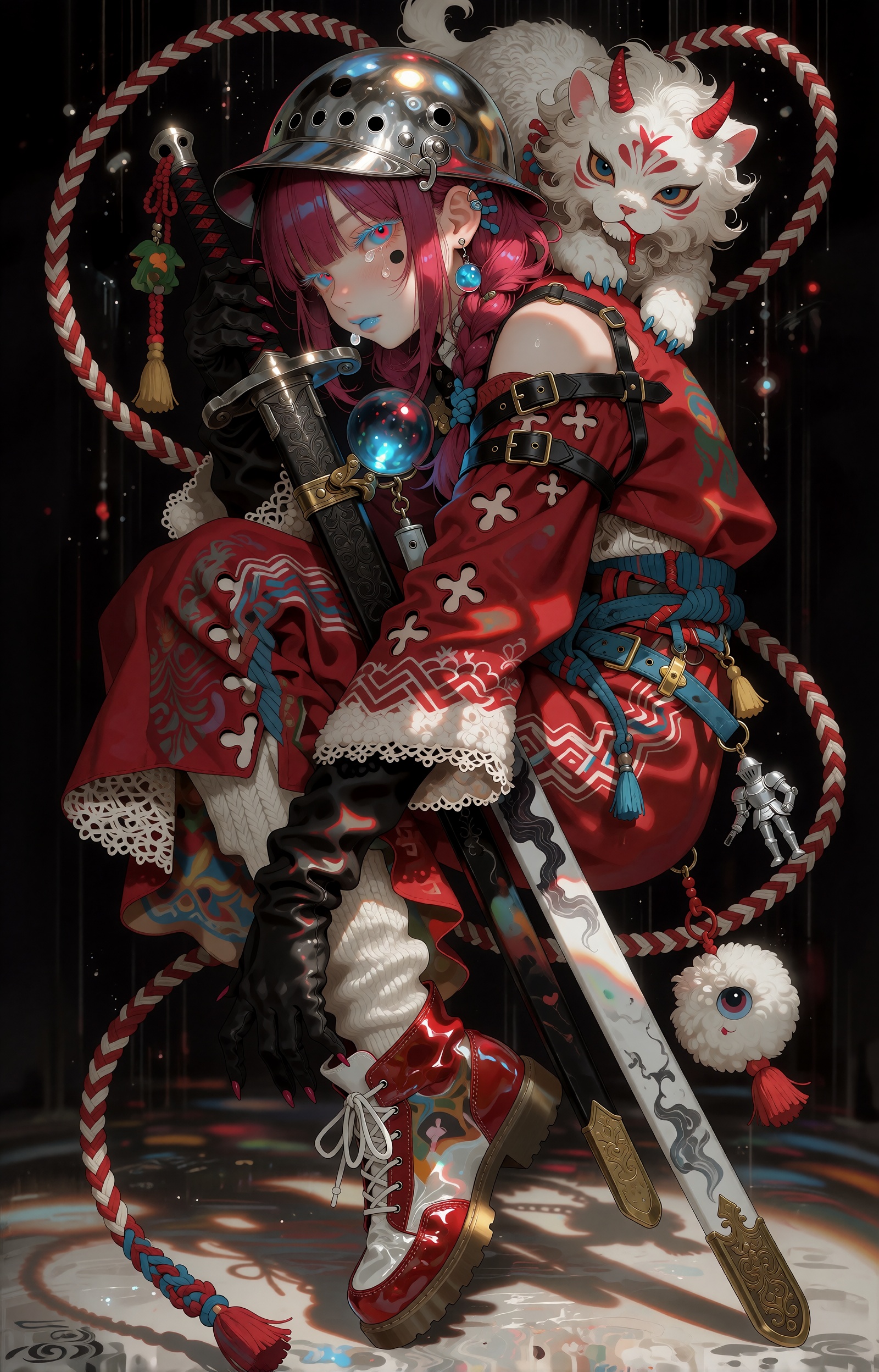 A pale-skinned anime youth with vivid crimson-magenta hair floats in a crouched,  knees-drawn pose against a void-black ba...