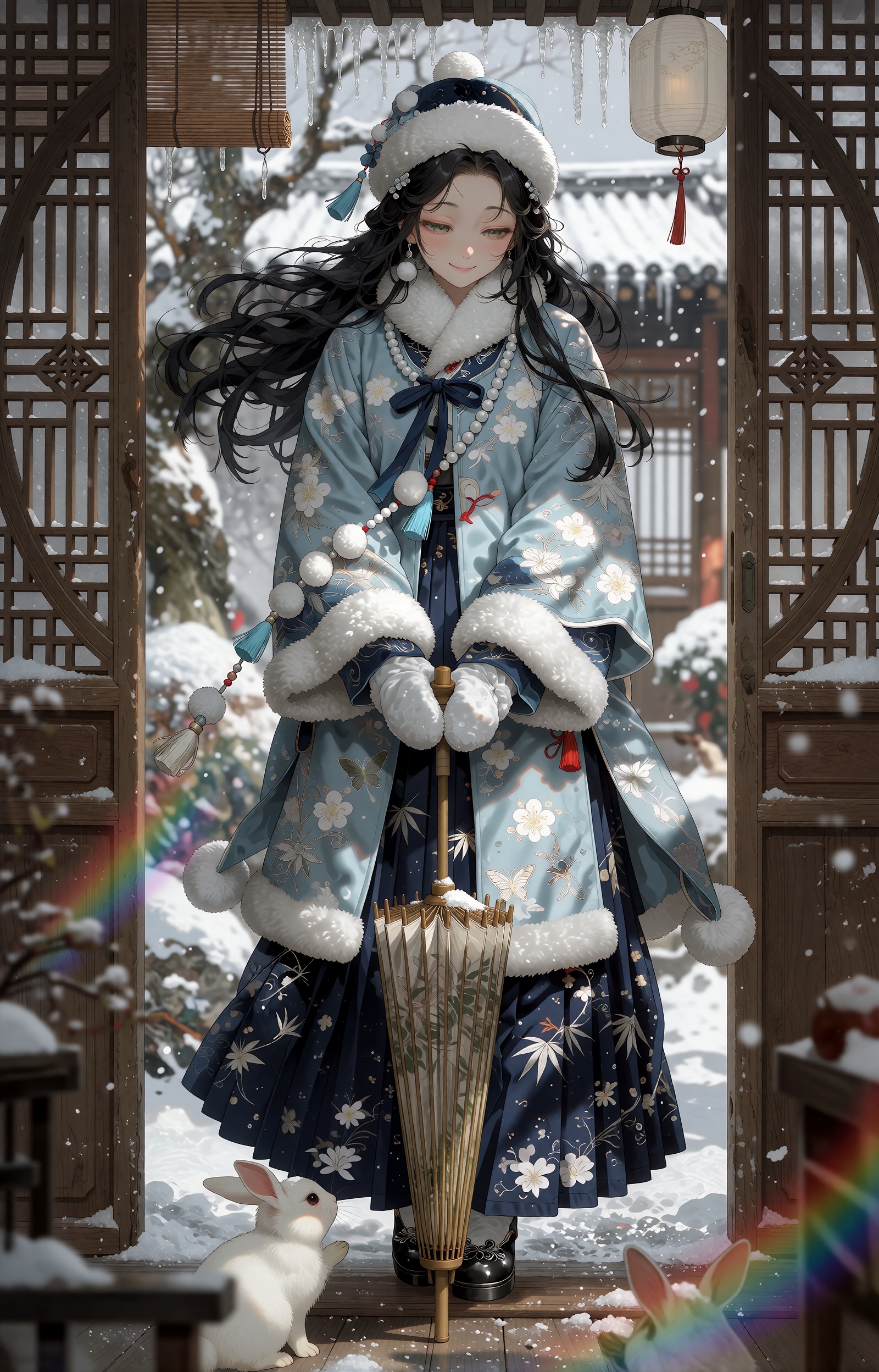 SUBJECT: A woman with waist-length black hair streaming sideways in the wind carries pale skin and a gentle serene smile....