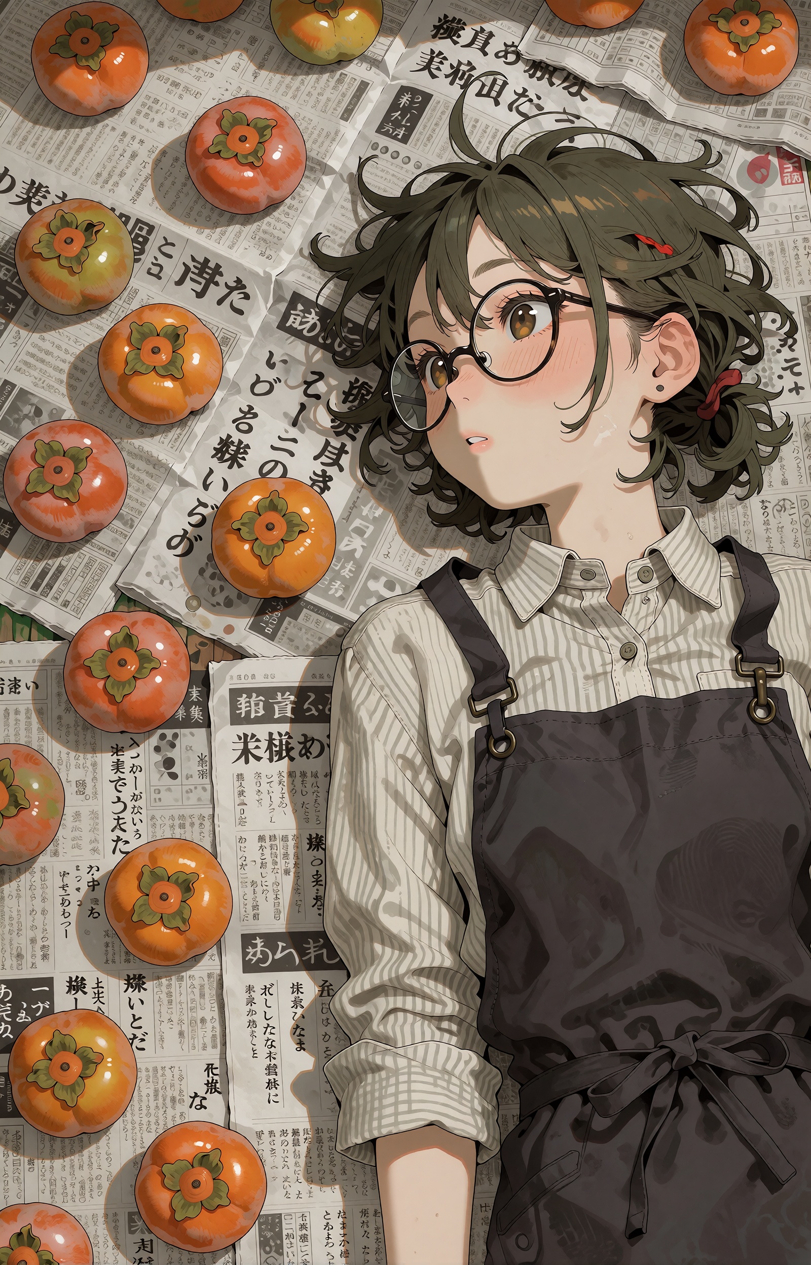 SUBJECT: A young fruit-stall apprentice seen from directly above,  lying at rest among spread newspaper sheets. Her messy...