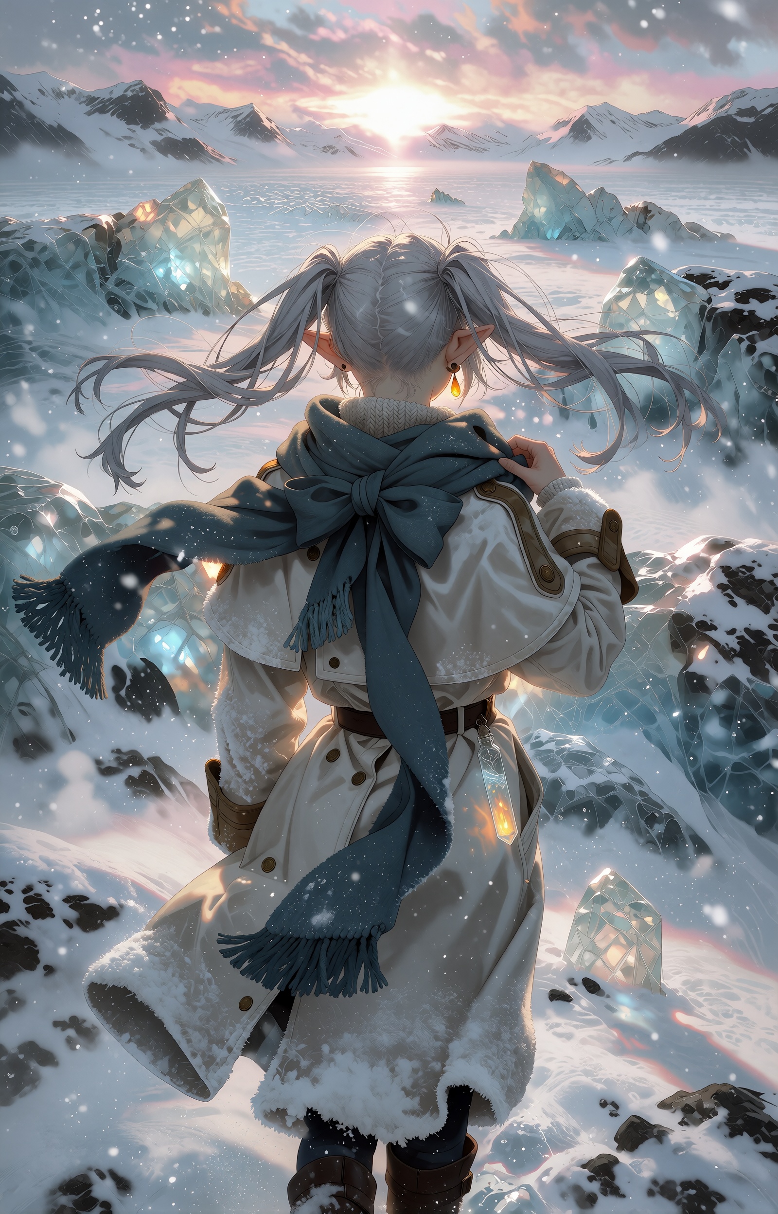 SUBJECT: An elf-like winter keeper is seen from behind,  her pointed ears catching the first dawn light. Long silver-white...