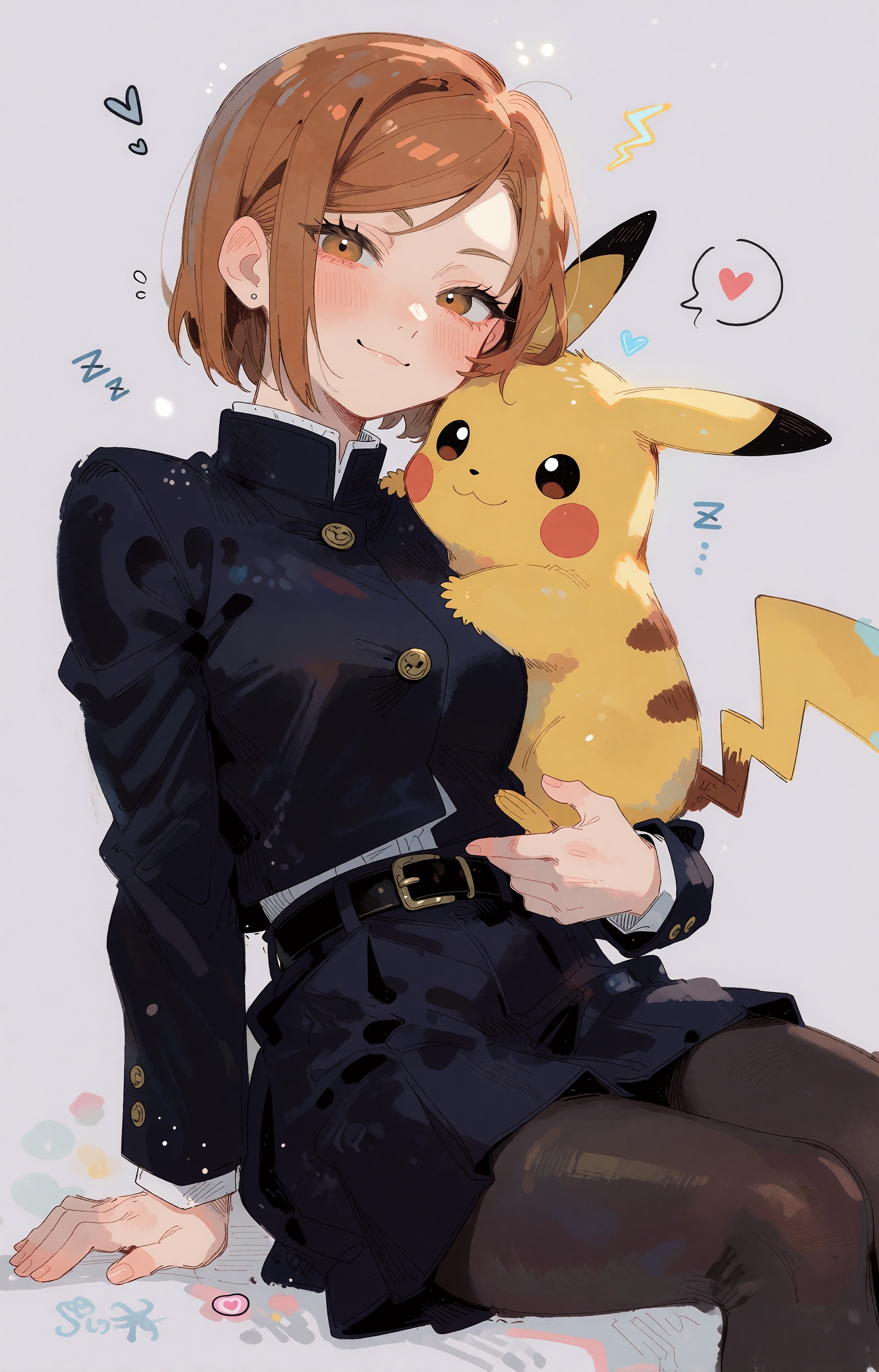 A soft,  cute anime illustration of Nobara Kugisaki from Jujutsu Kaisen sitting closely with Pikachu,  creating a wholesom...