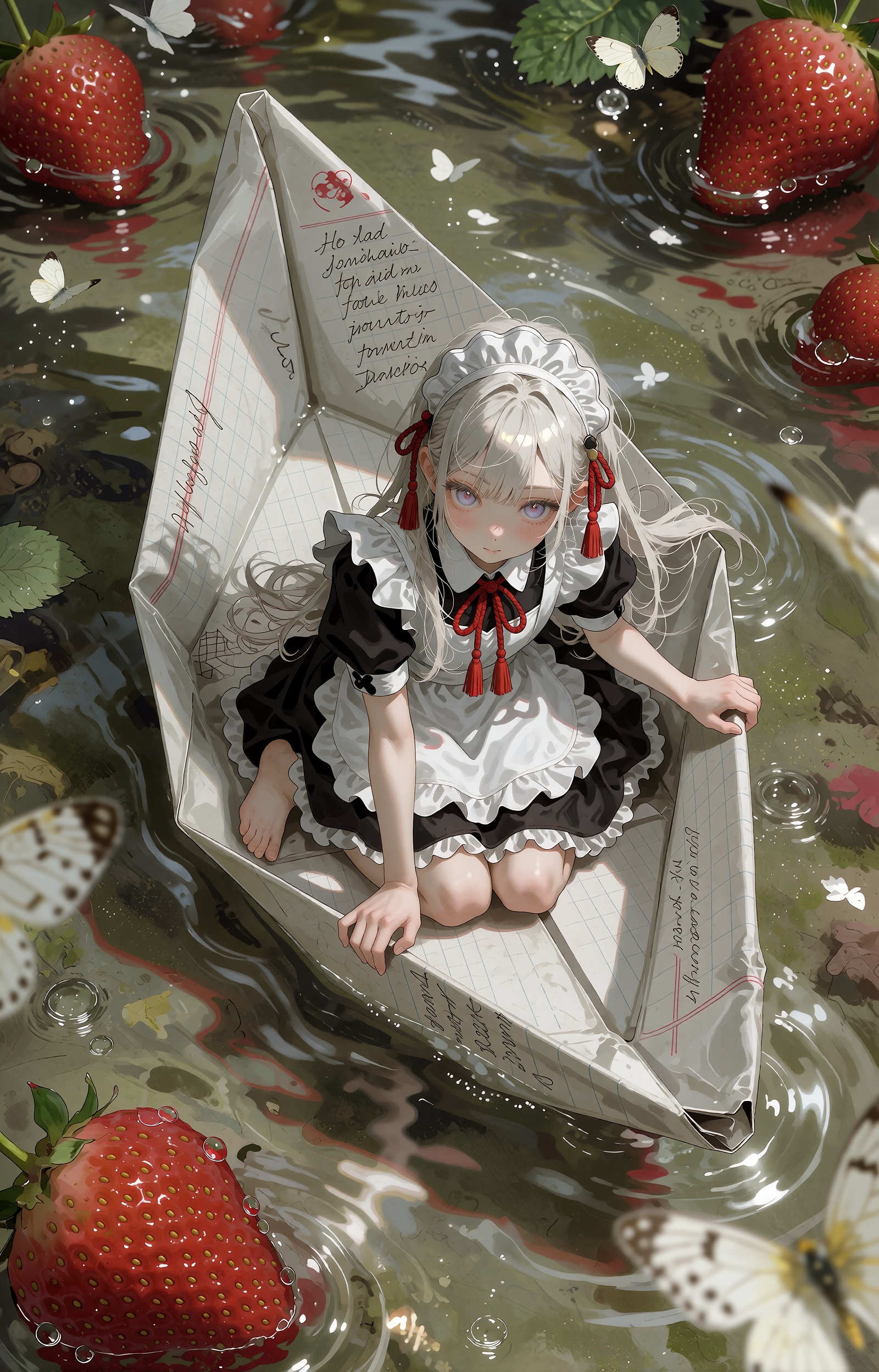 SUBJECT : A tiny silver-haired maid girl with long white hair and pale lavender eyes,  kneeling small inside her vessel. S...