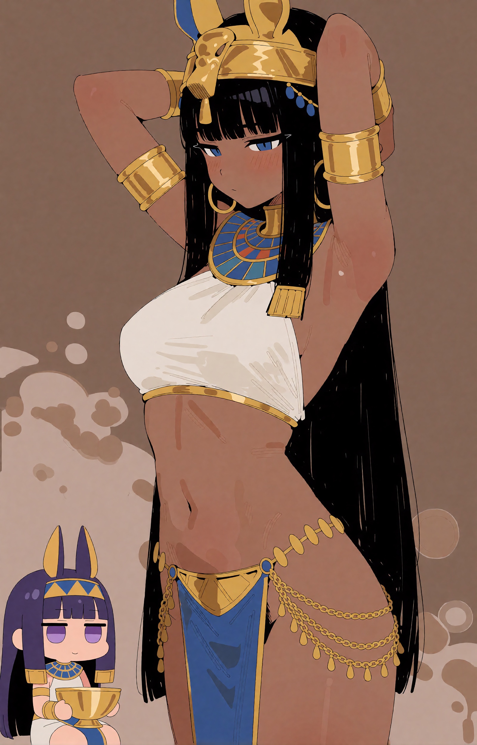 A tall,  dark-skinned anime woman with long black hair stands with her arms raised behind her head,  looking downward. She...