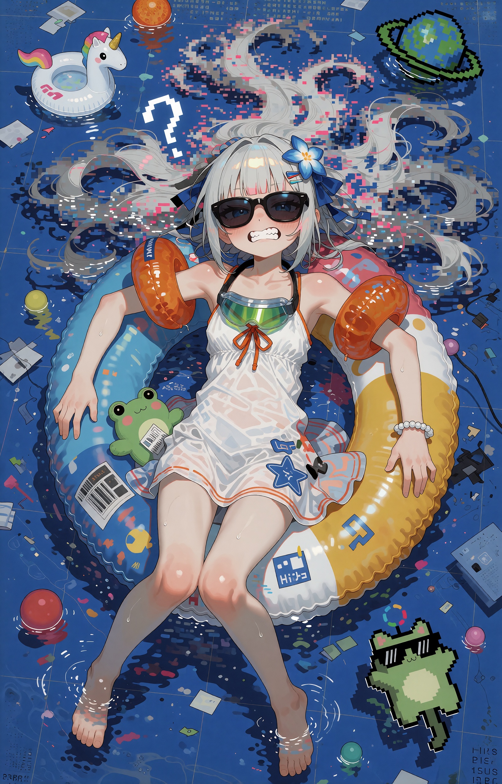 SUBJECT : A silver-haired girl with extremely long white hair streaming outward in glitched,  pixel-frayed waves. She wear...