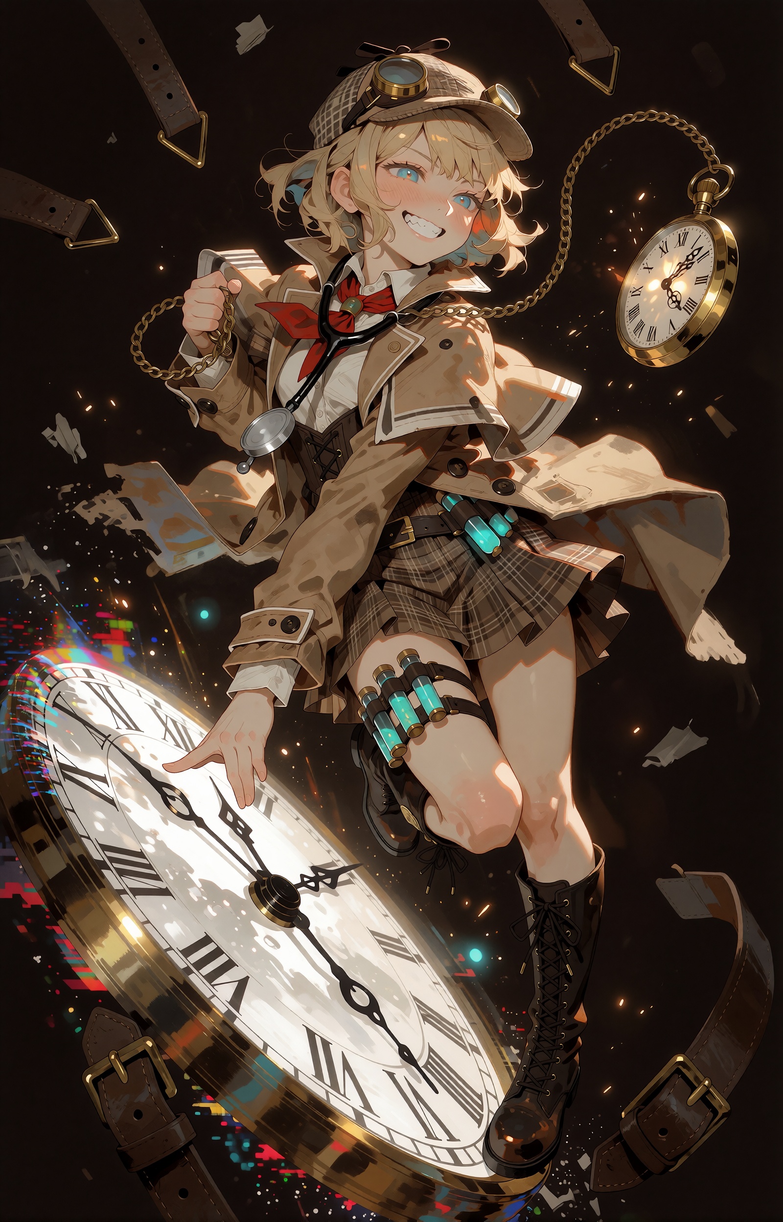 SUBJECT : A young time-detective with short wavy honey-blonde hair and bright blue eyes,  cheeks flushed with motion. A ta...