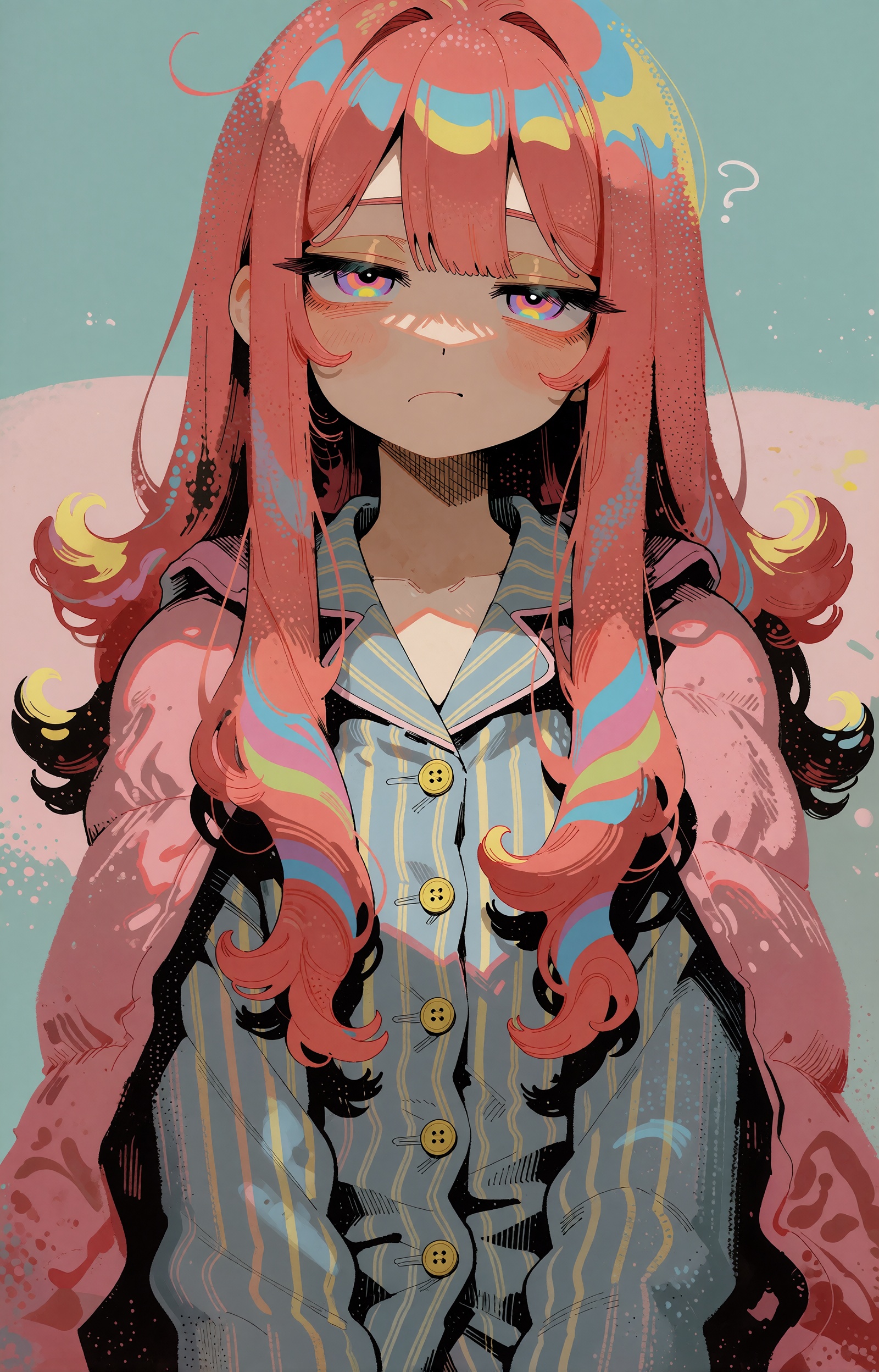 SUBJECT: A sleepy girl with very long coral-pink hair falling past her chest in heavy wavy curtains. Candy-stripe bands of...