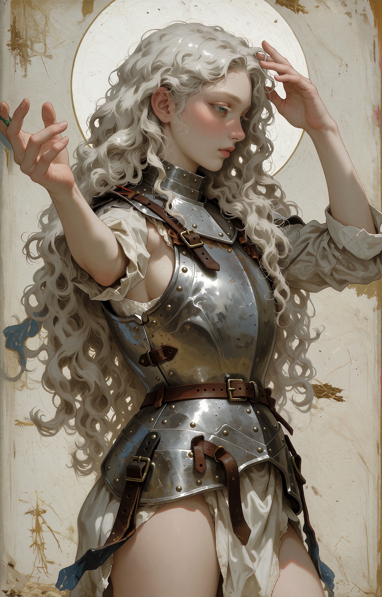 SUBJECT: A serene knight-saint figure stands in strict profile,  framed by voluminous silver-white hair cascading in thick...