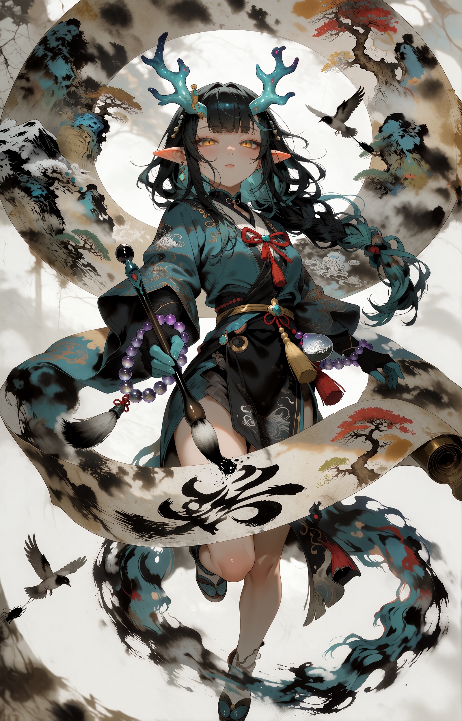 SUBJECT: A dragon-horned ink painter with pointed elf-like ears,  long black hair streaked with teal,  and calm amber eyes...
