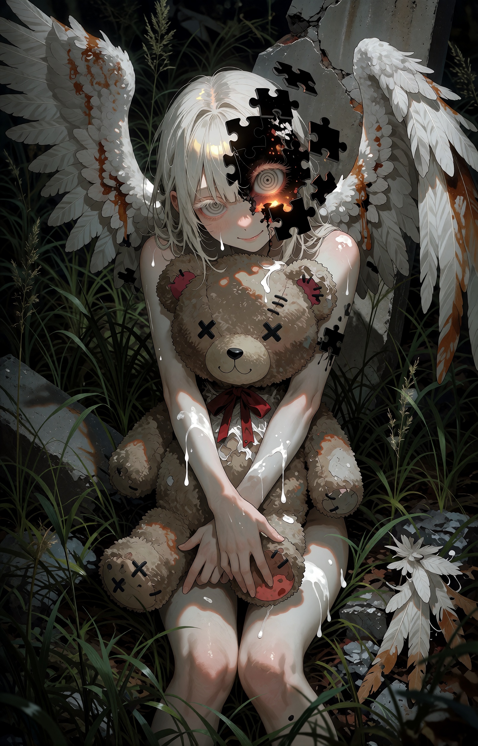 SUBJECT: A slender androgynous angelic figure with bone-white hair sits in tall night grass,  hugging a large worn teddy b...