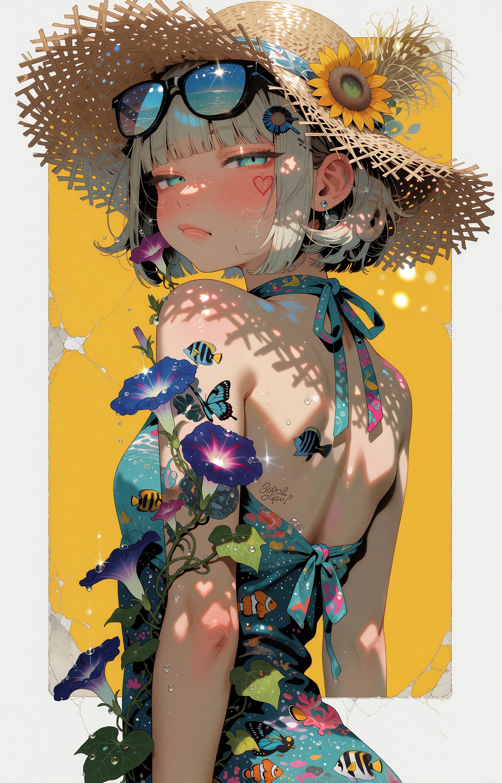 SUBJECT : A summer-day spirit girl with a blunt-cut ash-brown bob and heavy straight bangs glances back over her bare shou...
