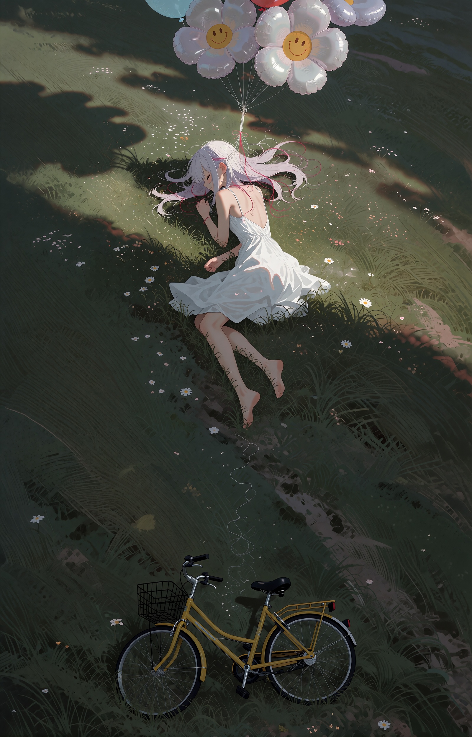 SUBJECT: A slender girl with long pale-lavender white hair spread out as if underwater,  a few thin crimson threads woven...